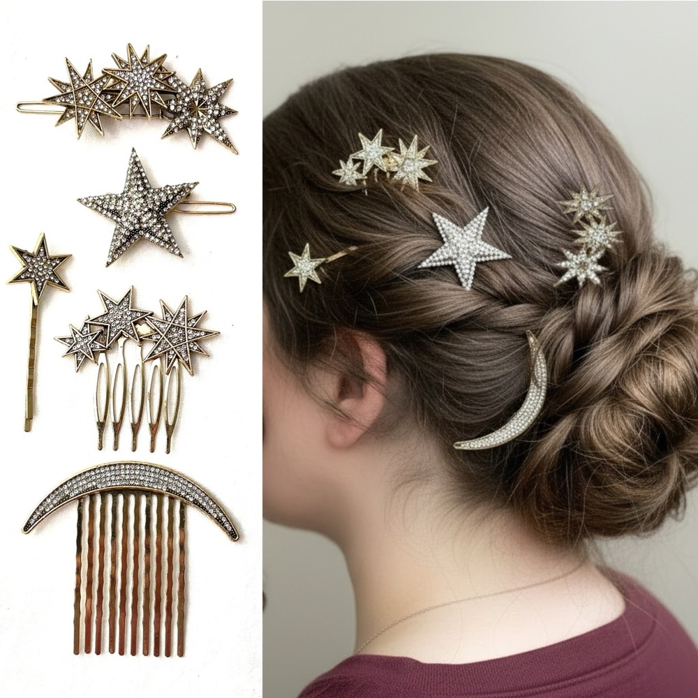 Stars and Crescent Moon Celestial Hair Pin Accessories Set